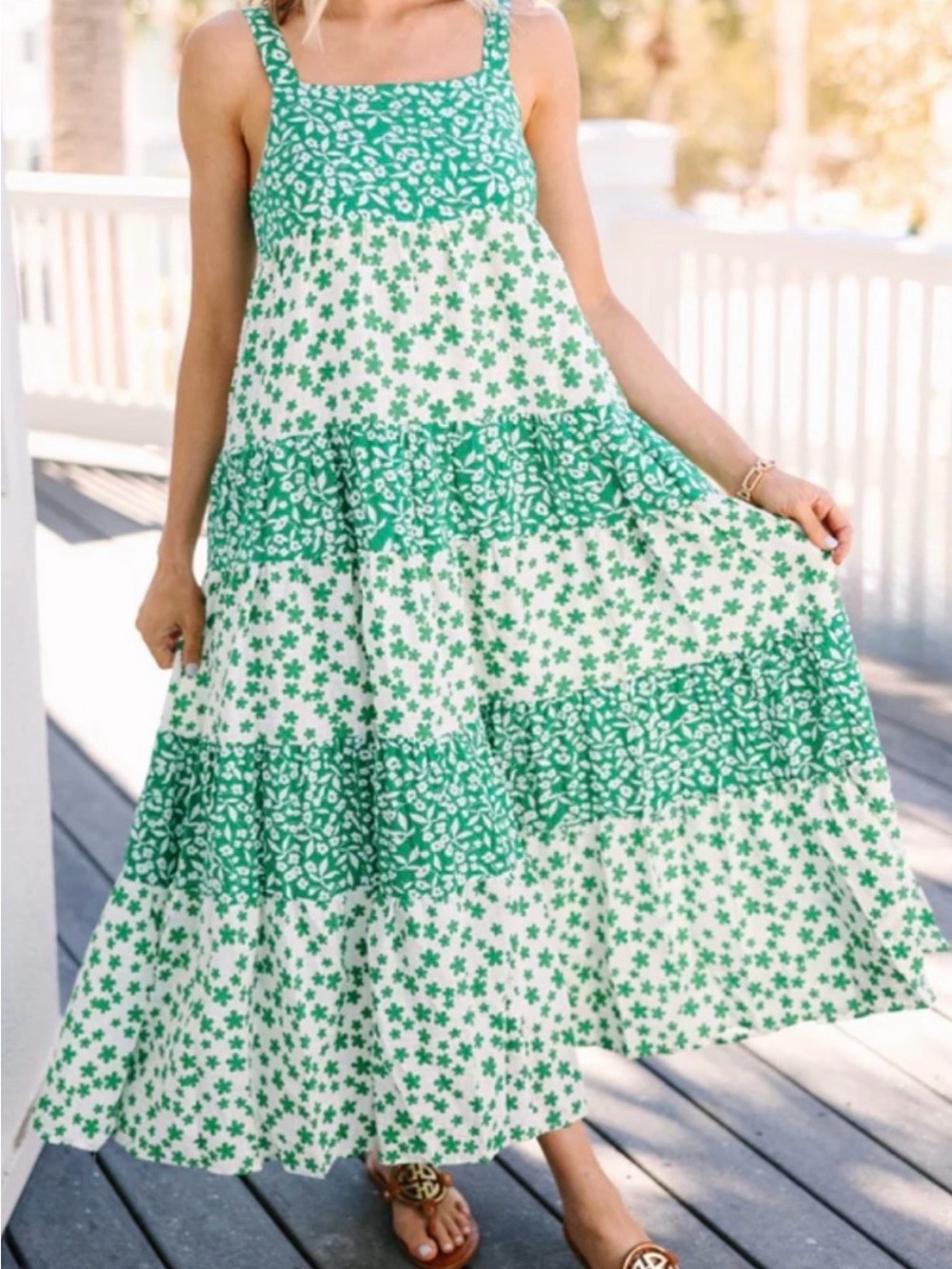 Green Floral Tiered Maxi Dress - Women's Sundress